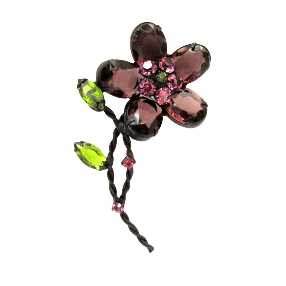 Vintage Large Purple Statement Crystals Flower Open Back Brooch Unique Gorgeous
